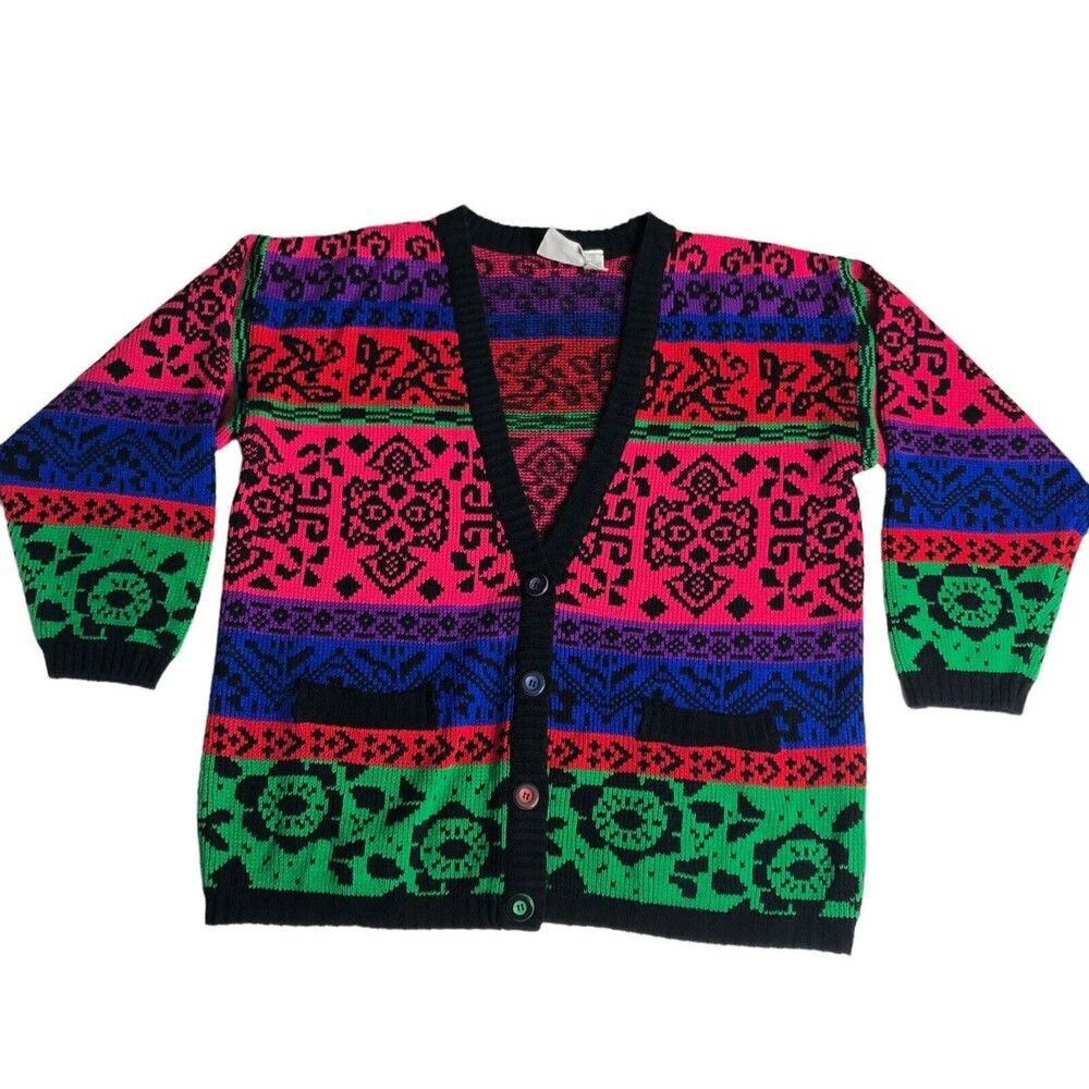Vintage In The Park Cardigan Sweater Womens Small Geometric Oversized Acrylic